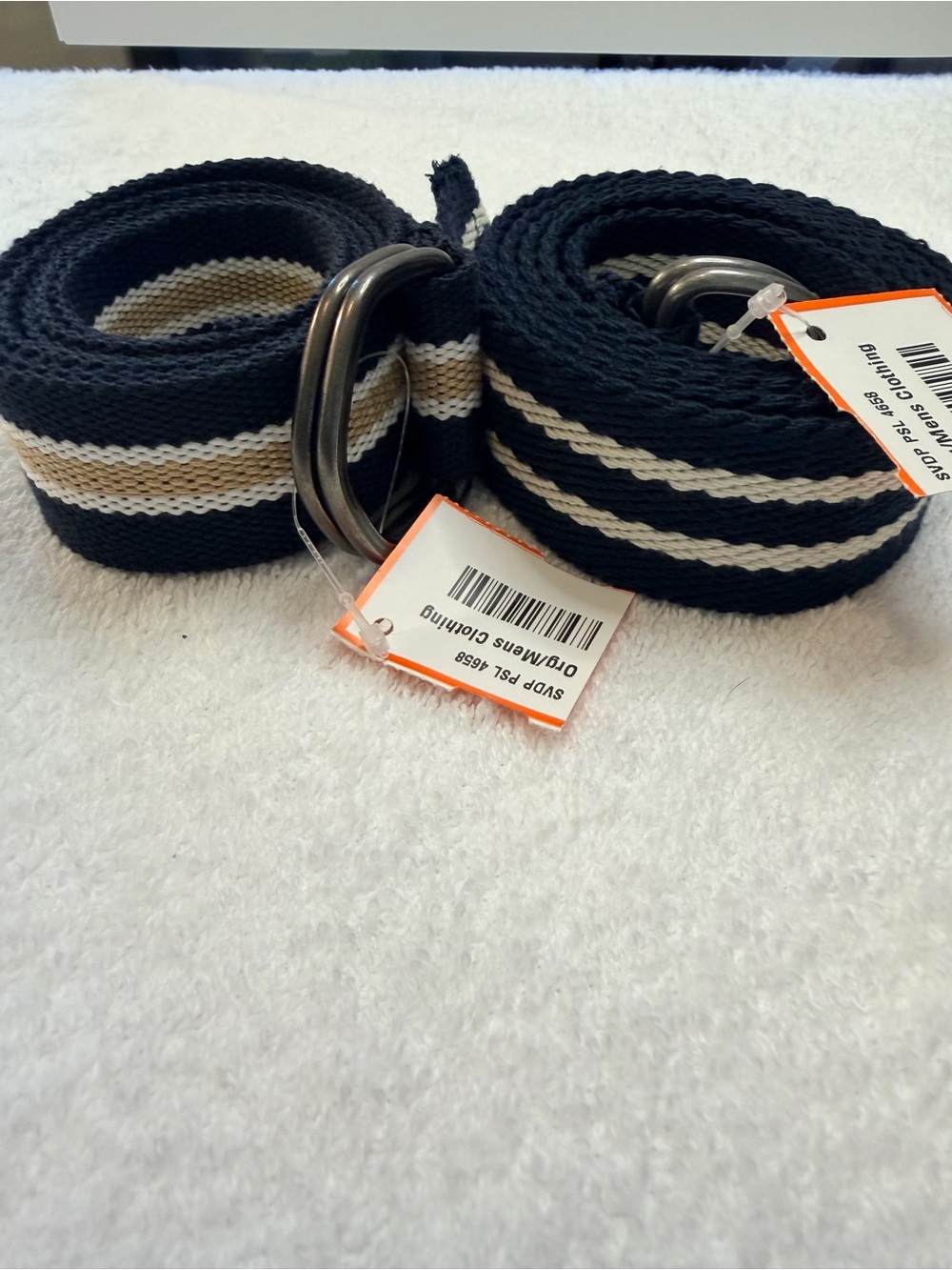 Source Unknown Black and Cream Striped Webbing D-Ring Belt